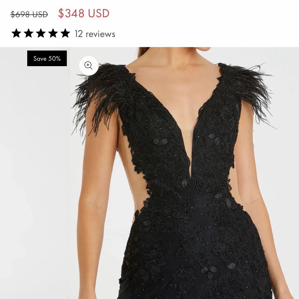 Mac Duggal Black Embellished Backless Gown with Feathered Shoulders
